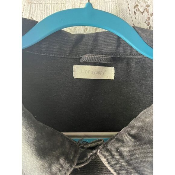 Embroidered Butterfly‎ Jean Jacket Black XL Oversized Denim Upcycled - Picture 4 of 7